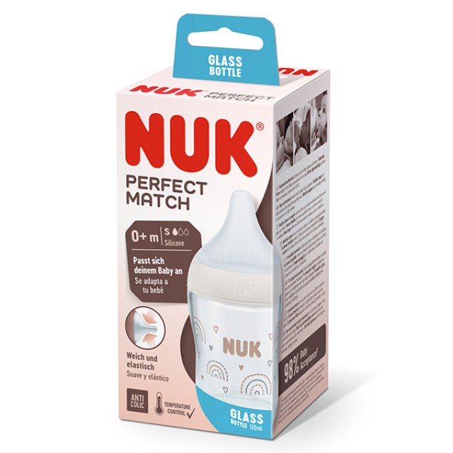 Nuk Γυάλινο Μπιμπερό Perfect Match Κατά των Κολικών με Θηλή Σιλικόνης για 0-6 μηνών Λευκό 120ml
