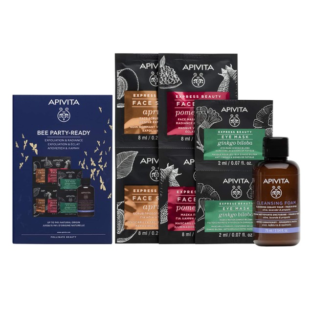 APIVITA - Bee Party-Ready Express Mask Face Scrub Apricot (2x8ml) & Face Mask Pomegranate (2x8ml) & Eye Mask Ginkgo Biloba (2x2ml) & Cleansing Foam with Olive, Lavender & Propolis for Face & Eyes (75ml)