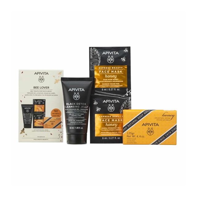 APIVITA - Promo Bee Lover Black Detox Cleansing Jelly for Face & Eyes (50ml) & Express Beauty Face Mask Honey (2x8ml) & Natural Soap with Honey (125gr)