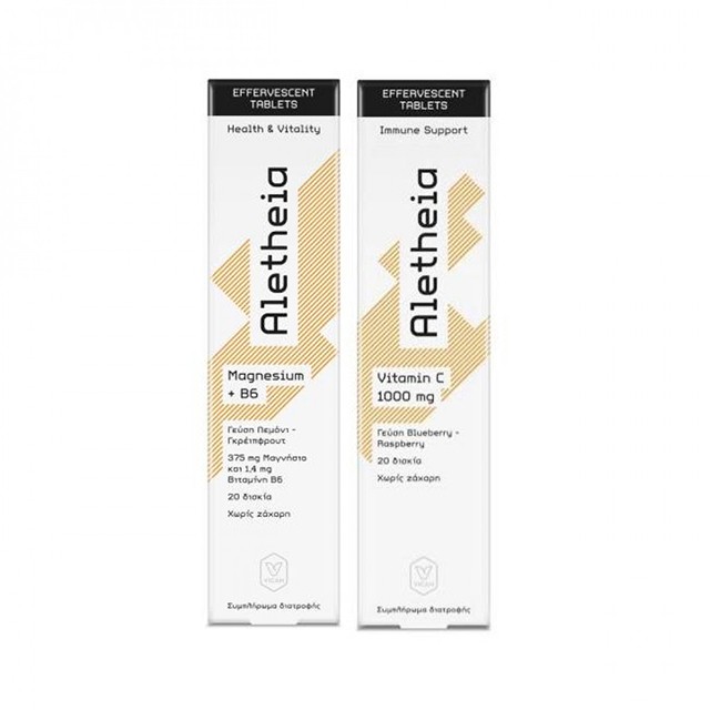 Vican Aletheia Magnesium + B6 Αναβράζοντα Δισκία με Μαγνήσιο και Βιταμίνη B6 με Γεύση Λεμόνι Γκρέιπφρουτ 20eff.tabs & Δώρο Vitamin C 1000mg Αναβράζοντα Δισκία με Βιταμίνη C με Γεύση Blueberry 20eff.tabs