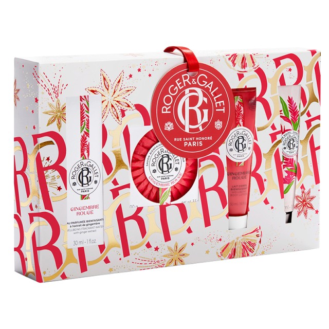 ROGER&GALLET -  Gingembre Rouge Eau Parfumée Bienfaisante Εορταστικό Set Άρωμα (30ml) & Αναζωογονητικό Σαπούνι (100gr) & Γαλάκτωμα Σώματος (50ml) & Κρέμα Χεριών (30ml)