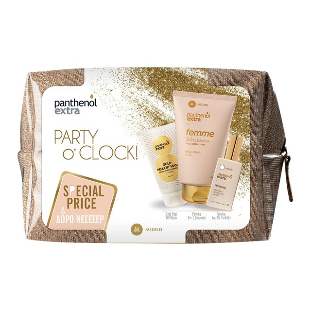 PANTHENOL Extra - Party O Clock Gold Femme Bergamot Cedarwood Vanilla Eau de Toilette (50ml) & 3 in 1 Cleanser Face,Body & Hair (200ml) & Gold Peel Off Mask (75ml) & Δώρο Νεσεσσέρ