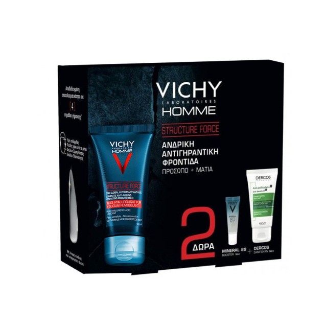 VICHY - Homme Structure Force (50ml) & ΔΩΡΟ Mineral 89 (10ml) & Dercos Shampoo (50ml)
