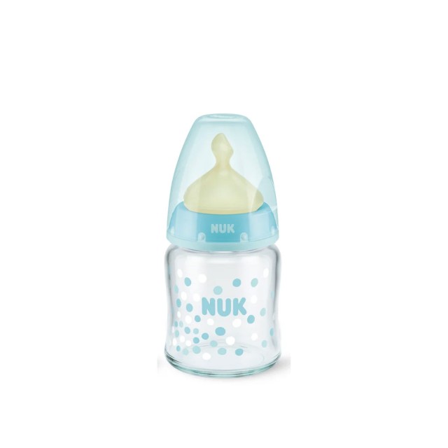NUK - First Choice Μπιμπερό Γυάλινο Με Θηλή Καουτσούκ Τιρκουάζ 0-6m (10.747.098) | 120ml