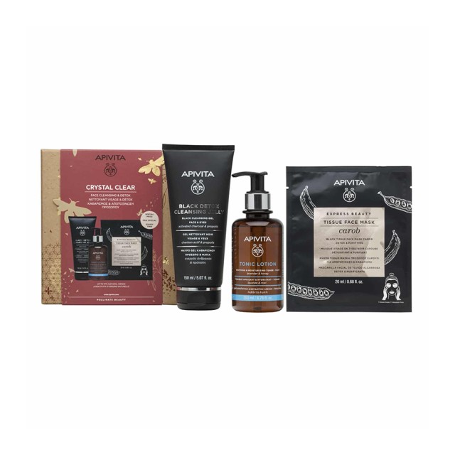 APIVITA - Promo Crystal Clear Black Detox Cleansing Jelly for Face & Eyes (150ml) & Tonic Lotion Soothing & Moisturizing with Lavender & Honey (200ml) & Express Beauty Face Mask Tissue Carob (20ml)