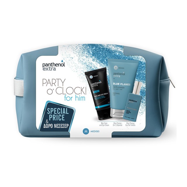 PANTHENOL Extra - Party O Clock for Him Face & Eye Cream (75ml) & Blue Flames Eau de Toilette (50ml) & Blue Flames 3 in 1 Face, Body & Hair Gel Cleanser (200ml) & Δώρο Νεσεσσέρ