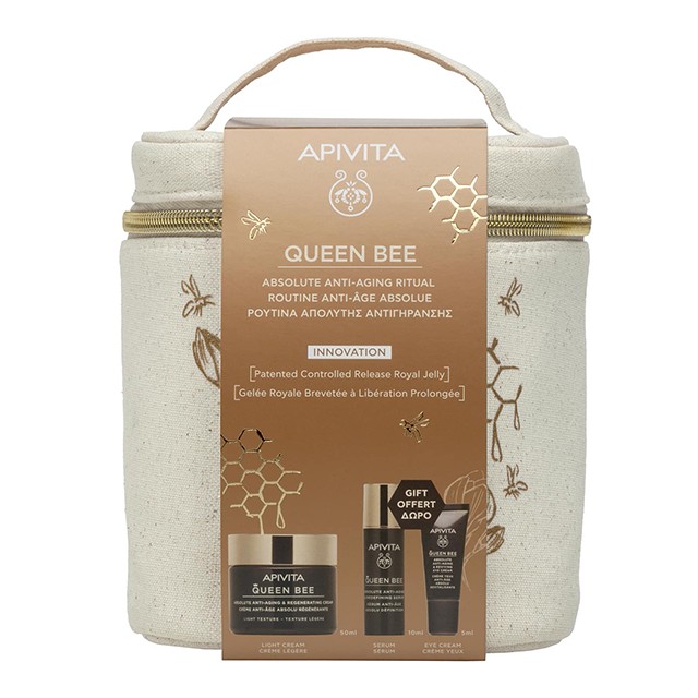 Apivita - Promo Queen Bee Ρουτίνα Απόλυτης Αντιγήρανσης με Queen Bee Αντιγηραντική Κρέμα Ελαφριάς Υφής 50ml & Δώρο Queen Bee Serum Αντιγηραντικός Ορός Προσώπου 10ml, Κρέμα Ματιών 5ml & Νεσεσέρ