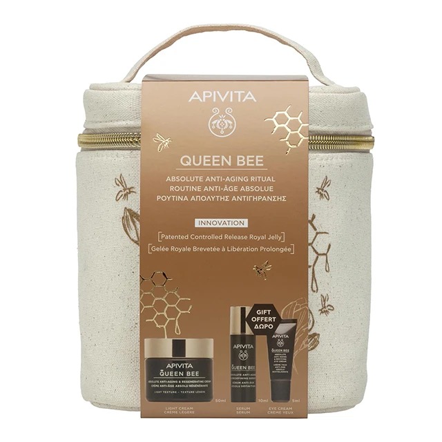 Apivita - Promo Queen Bee Ρουτίνα Απόλυτης Αντιγήρανσης με Queen Bee Αντιγηραντική Κρέμα Ελαφριάς Υφής 50ml & Δώρο Queen Bee Serum Αντιγηραντικός Ορός Προσώπου 10ml, Κρέμα Ματιών 5ml & Νεσεσέρ