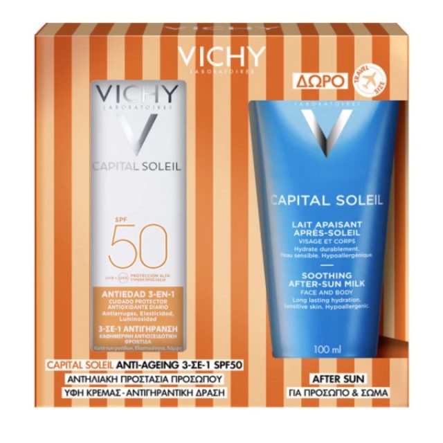Vichy Promo Capital Soleil Anti Ageing 3 in 1 Face Sunscreen Spf50, 50ml & After Sun Milk 100ml