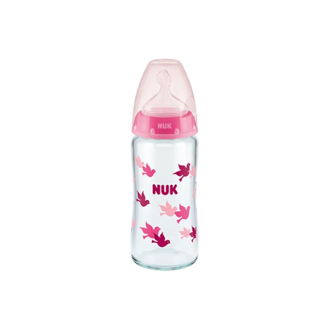 NUK - First Choice+ Μπιμπερό Γυάλινο Ροζ Θηλή Σιλικόνης 0-6m (10.745.124) | 240ml