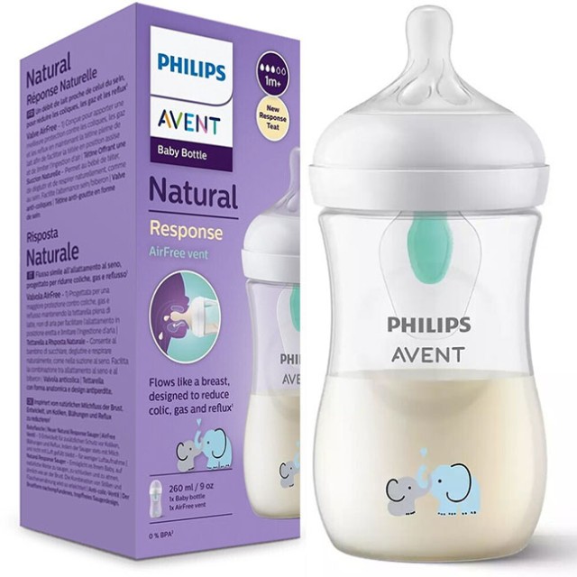 Avent πλαστικό μπιμπερό natural response με airfree valve 260ml 1m+ elephant
